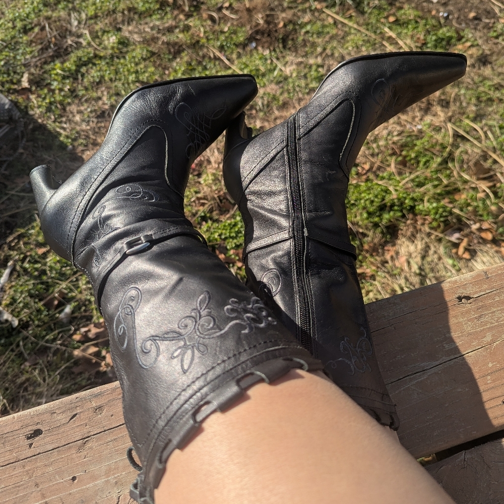 Whimsy Goth Cowgirl Roper Boots. Embroidery Details. Tied Tops.